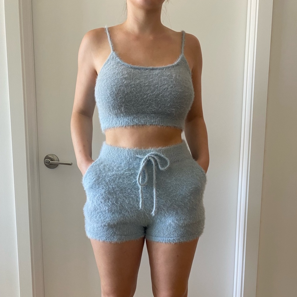 Meshki Matching Two Piece Fuzzy Lounge Set, Light Blue
